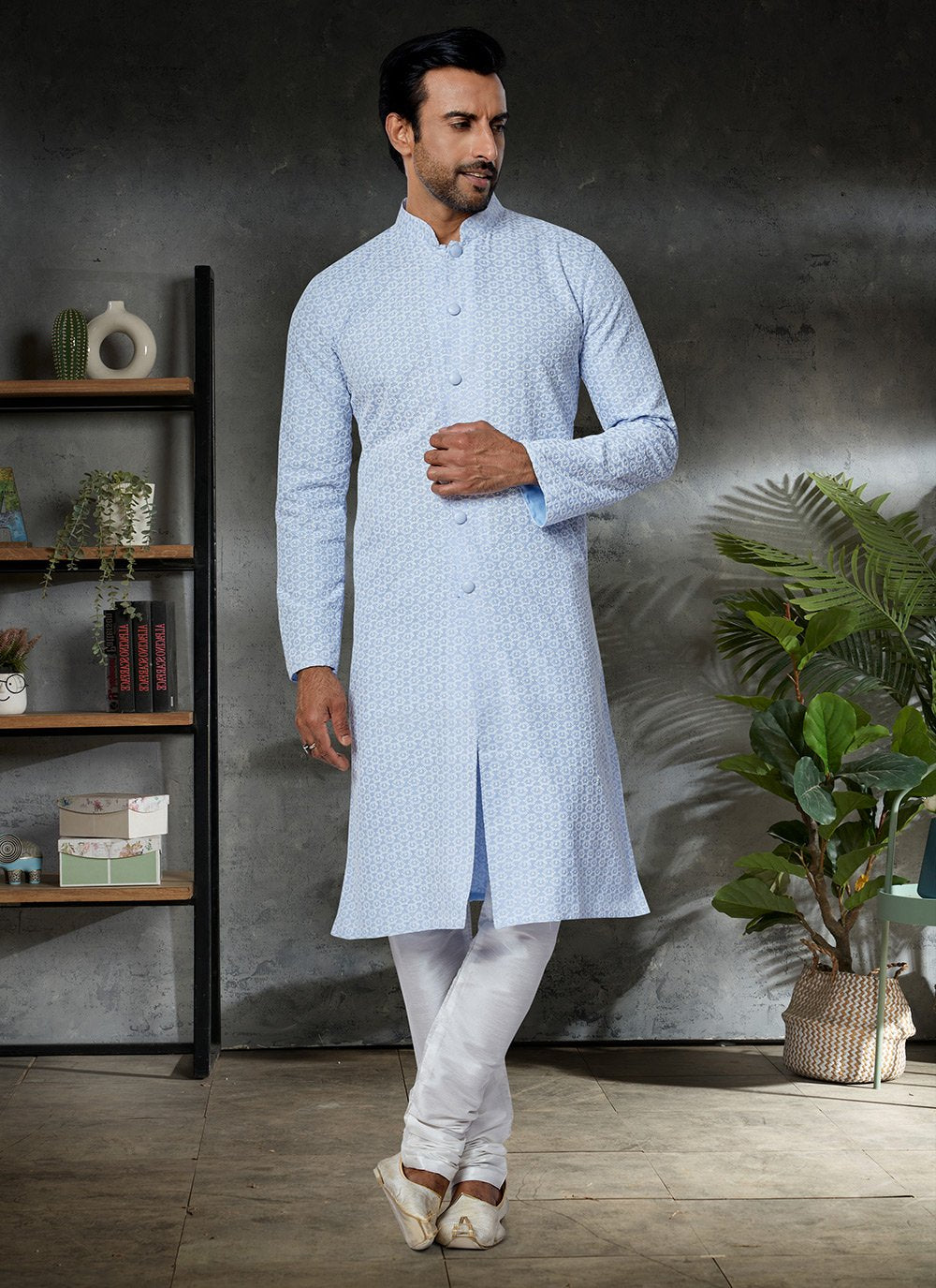 Kurta Pyjama Cotton Aqua Blue Embroidered Mens