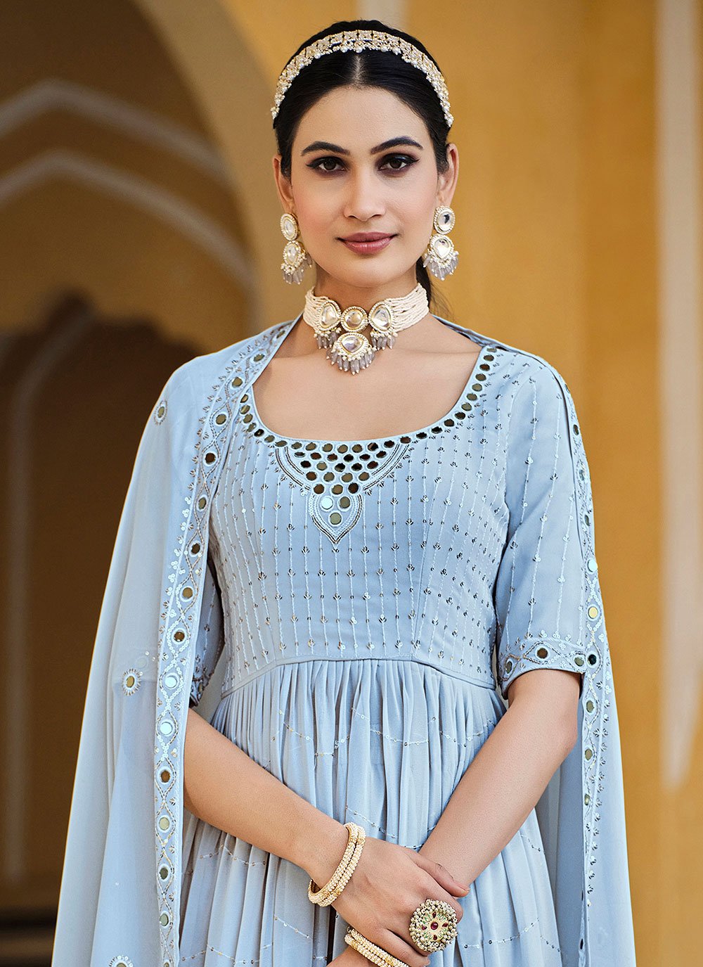 Palazzo Salwar Suit Georgette Aqua Blue Embroidered Salwar Kameez