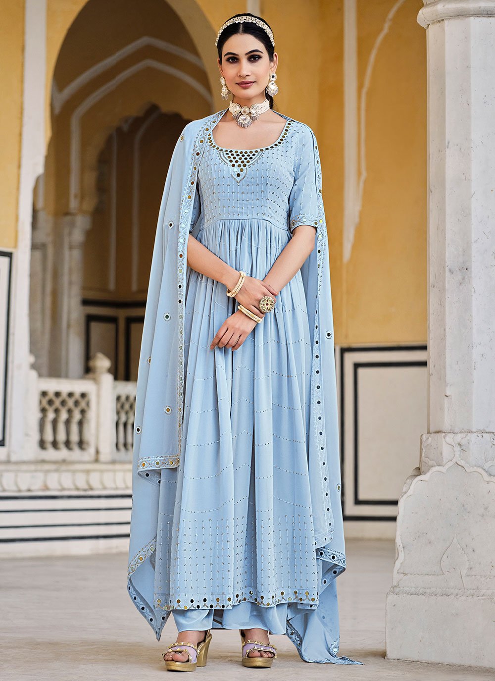 Palazzo Salwar Suit Georgette Aqua Blue Embroidered Salwar Kameez