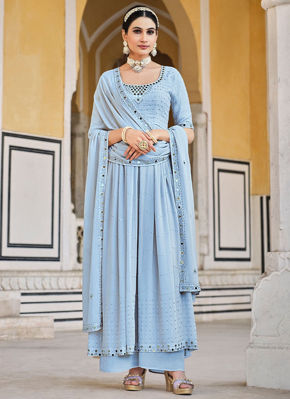 Palazzo Salwar Suit Georgette Aqua Blue Embroidered Salwar Kameez