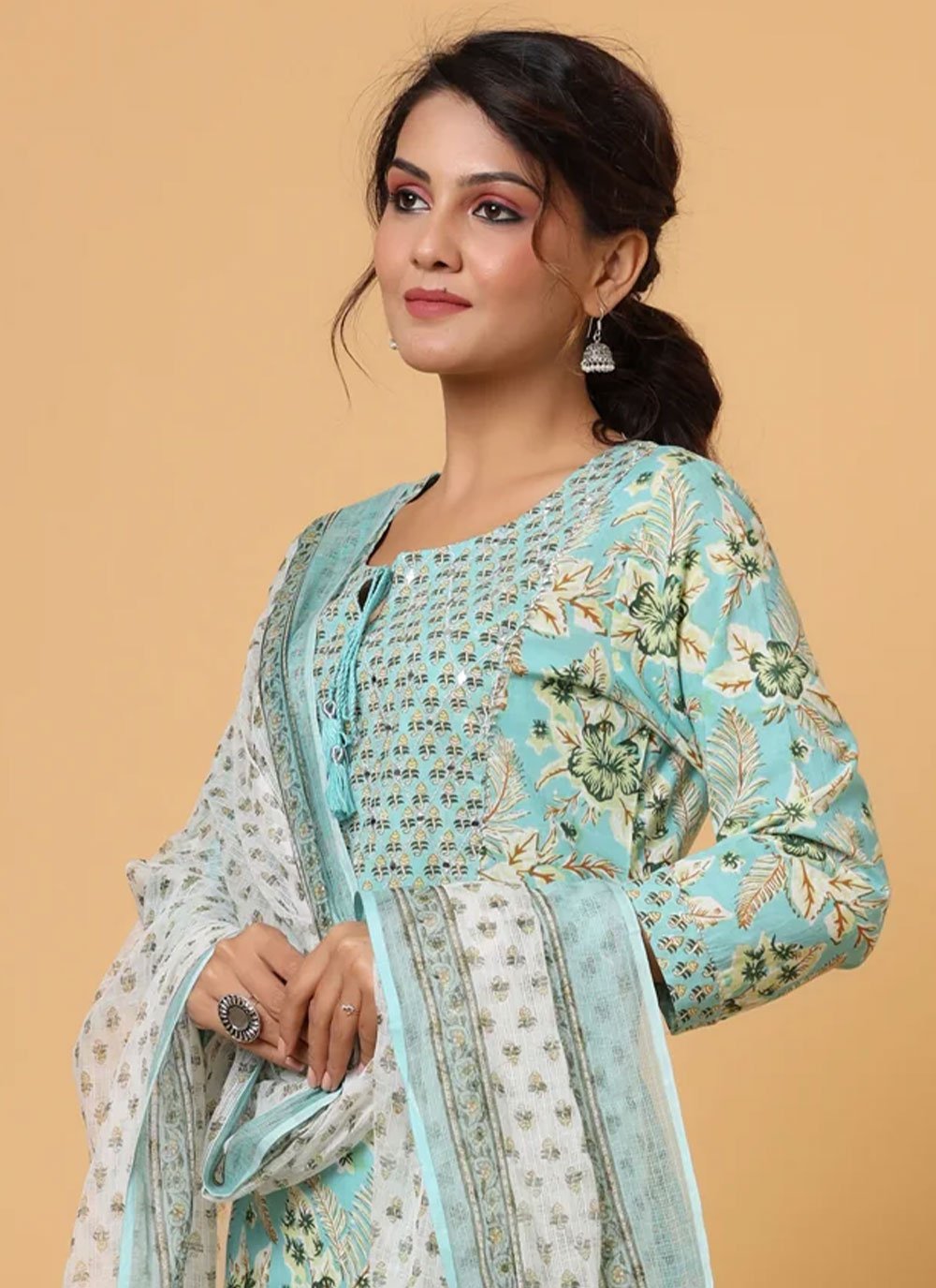 Pant Style Suit Cotton Aqua Blue Print Salwar Kameez