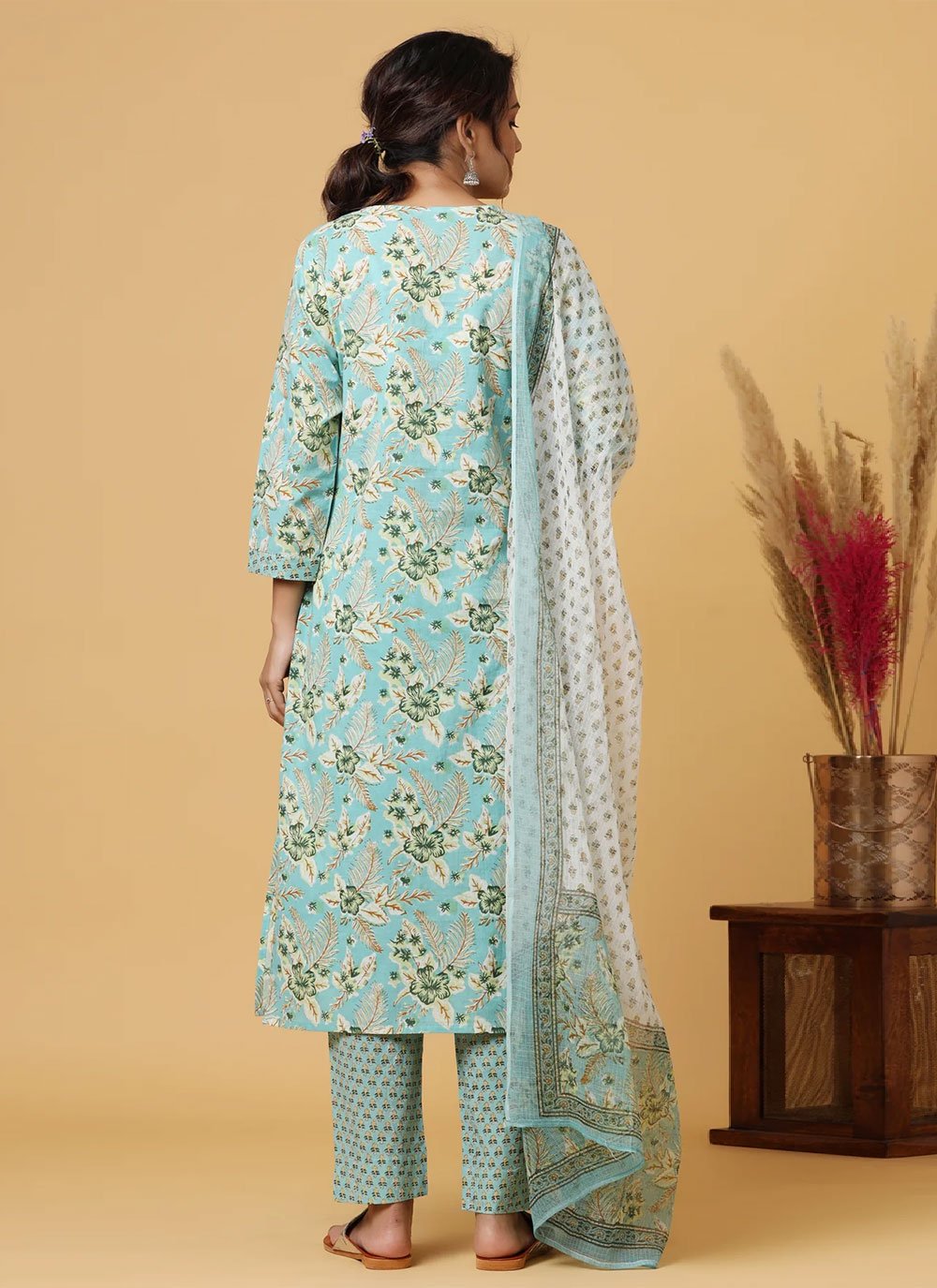 Pant Style Suit Cotton Aqua Blue Print Salwar Kameez