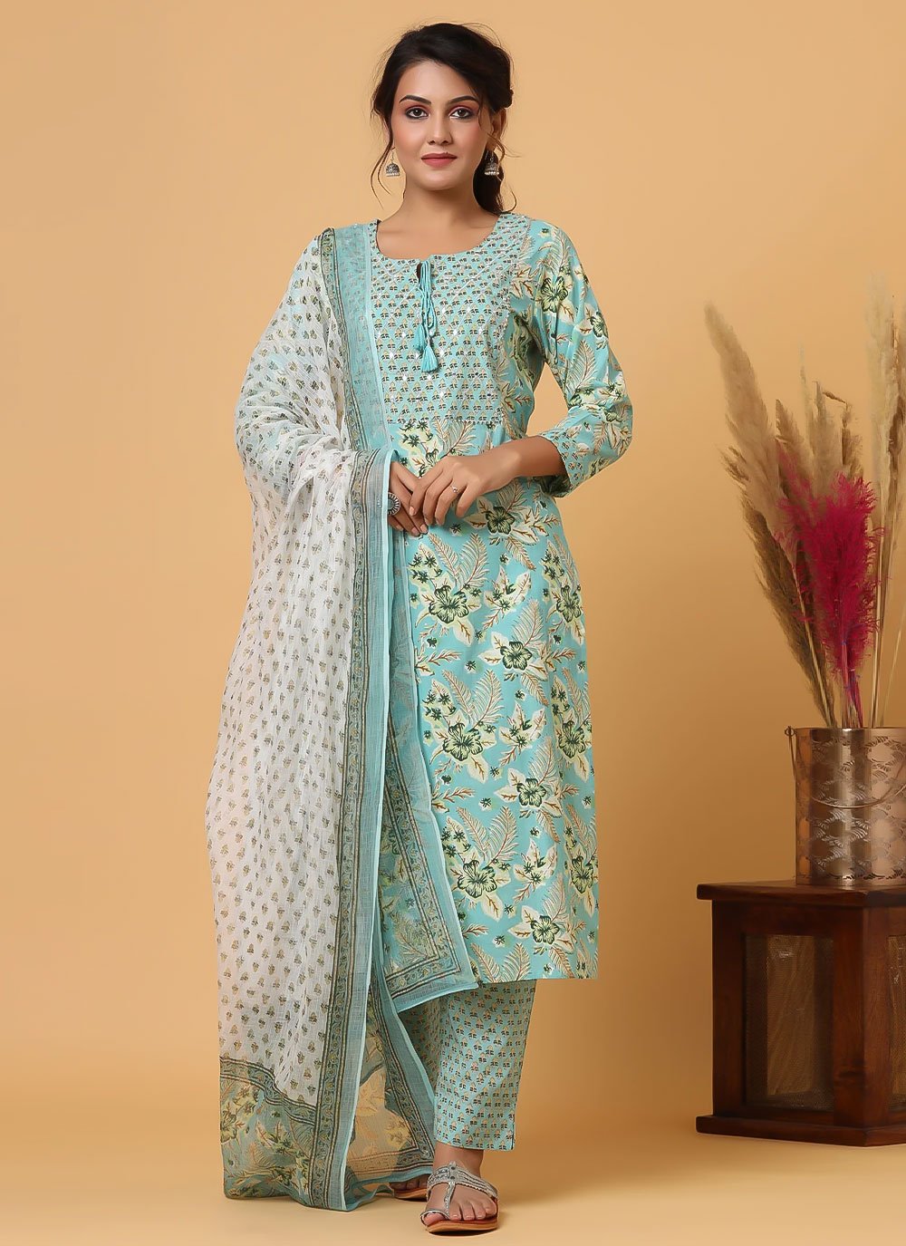 Pant Style Suit Cotton Aqua Blue Print Salwar Kameez