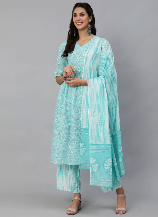 Salwar Suit Cotton Aqua Blue Print Salwar Kameez