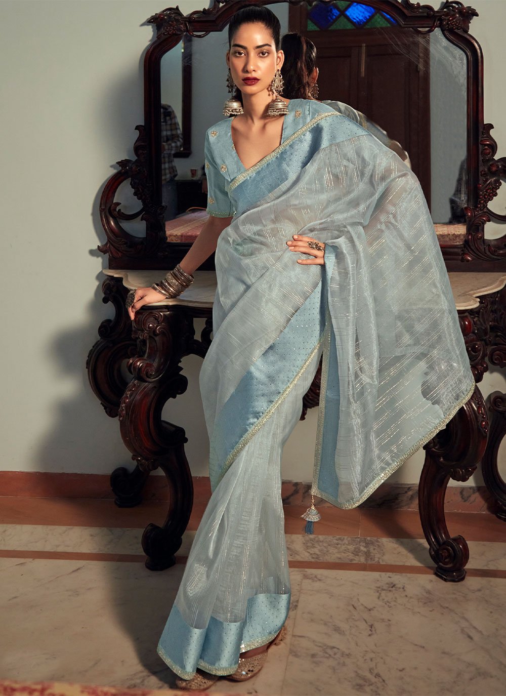 Classic Organza Aqua Blue Lace Saree