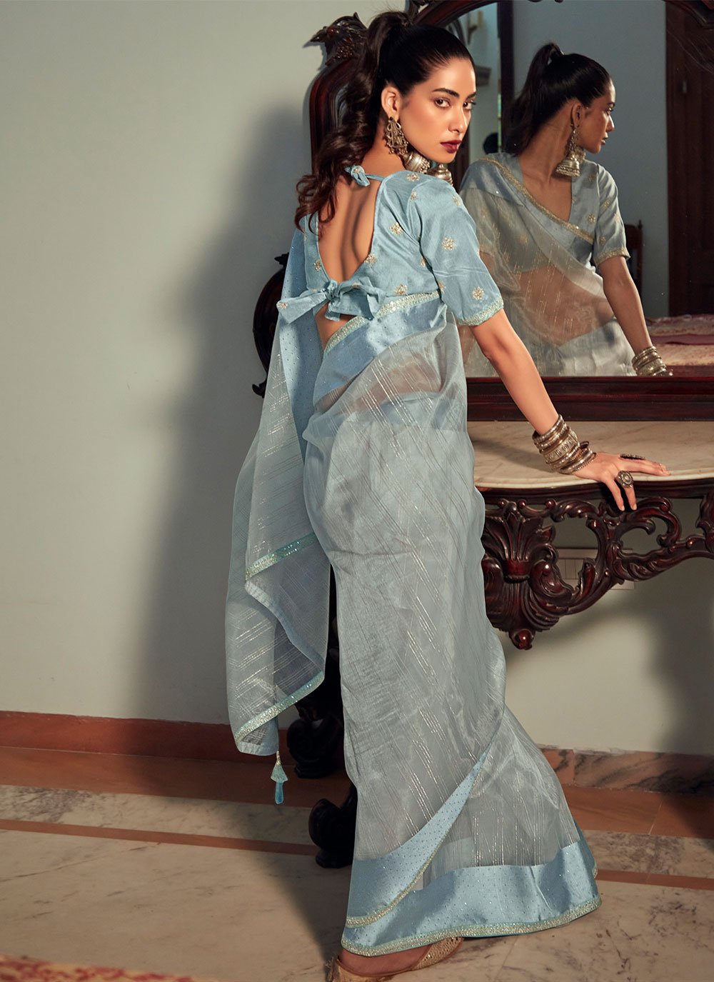 Classic Organza Aqua Blue Lace Saree