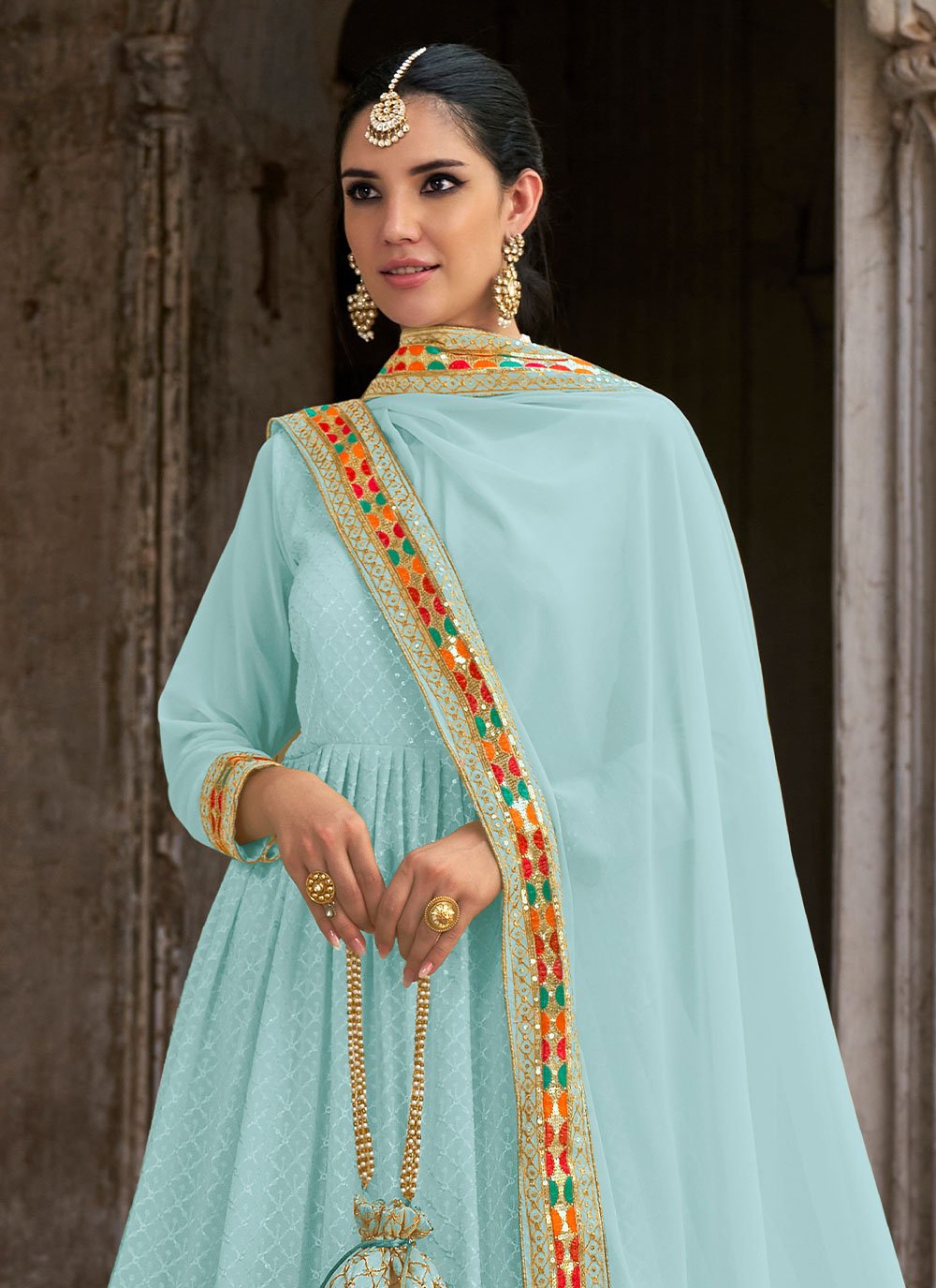 Salwar Suit Georgette Aqua Blue Embroidered Salwar Kameez