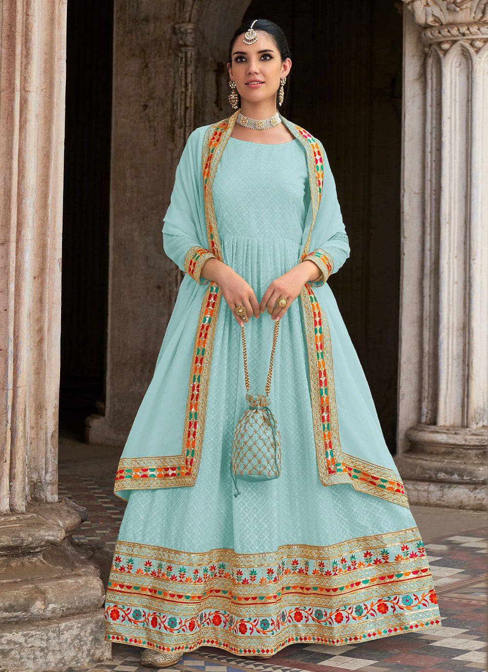 Salwar Suit Georgette Aqua Blue Embroidered Salwar Kameez