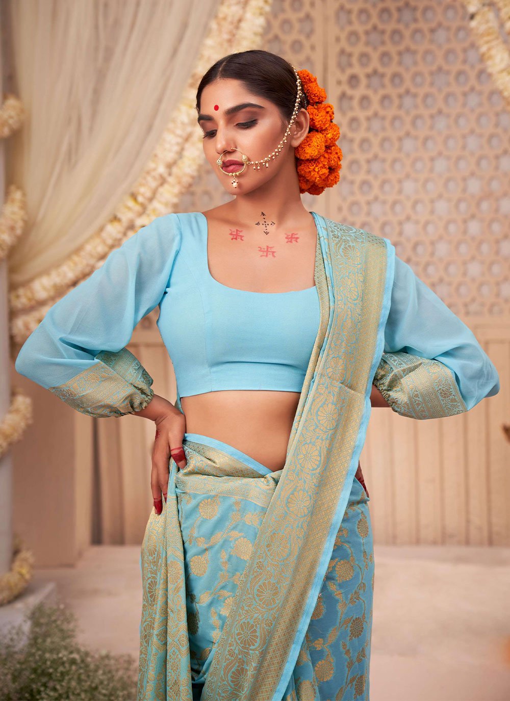 Contemporary Georgette Aqua Blue Weaving Saree