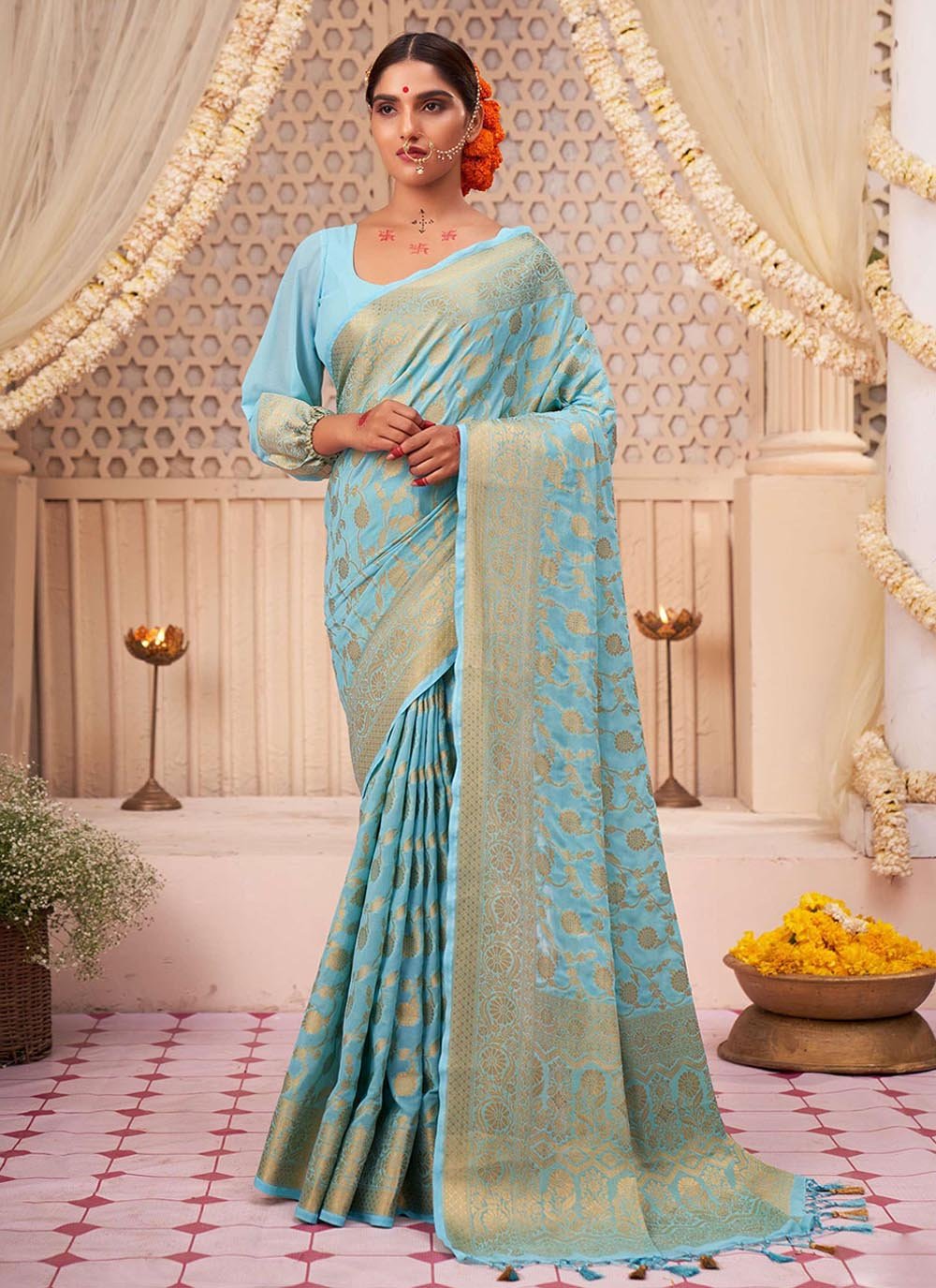 Contemporary Georgette Aqua Blue Weaving Saree