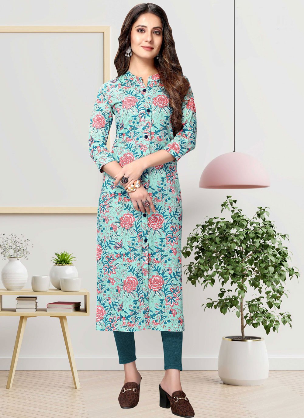 Casual Kurti Cotton Aqua Blue Print Kurtis