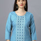 Casual Kurti Cotton Aqua Blue Embroidered Kurtis