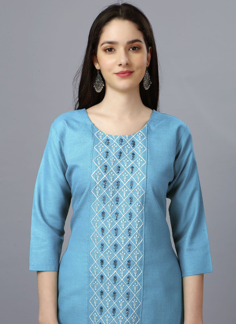 Casual Kurti Cotton Aqua Blue Embroidered Kurtis