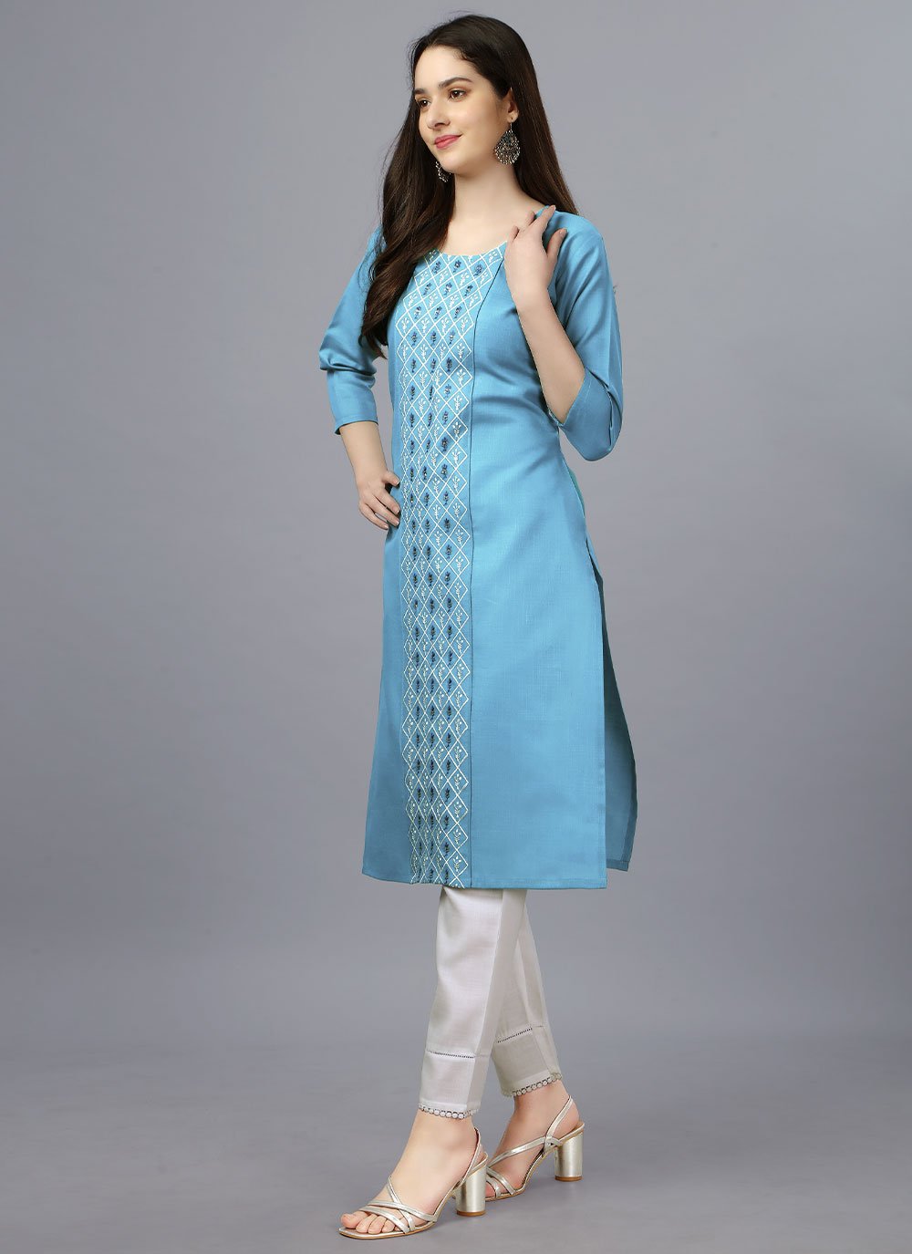 Casual Kurti Cotton Aqua Blue Embroidered Kurtis