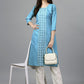 Casual Kurti Cotton Aqua Blue Embroidered Kurtis