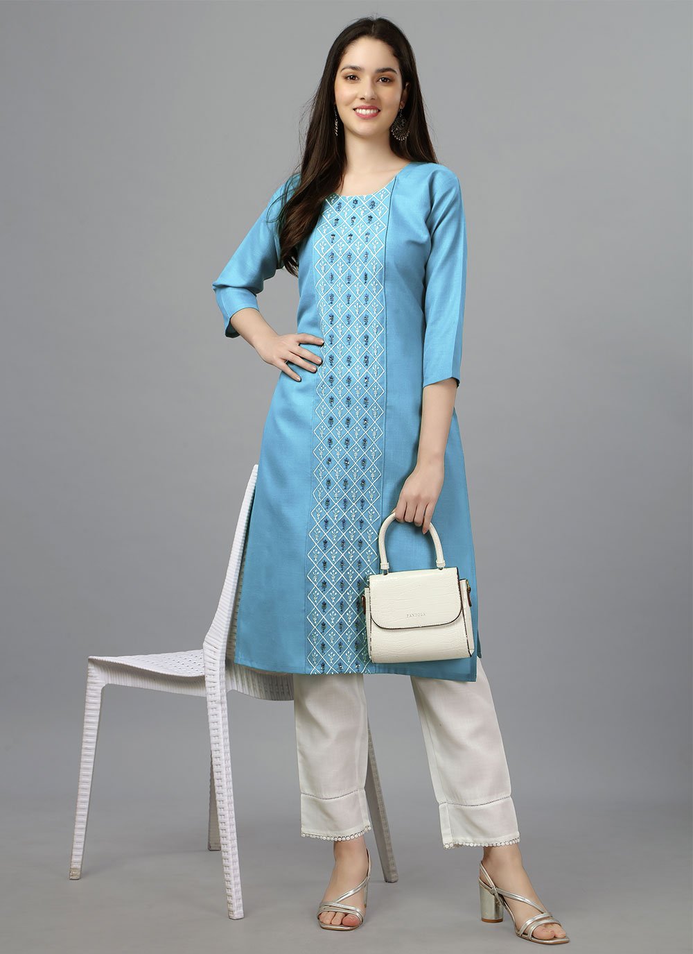 Casual Kurti Cotton Aqua Blue Embroidered Kurtis