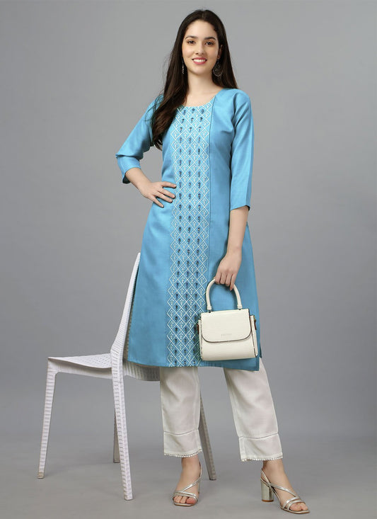 Casual Kurti Cotton Aqua Blue Embroidered Kurtis