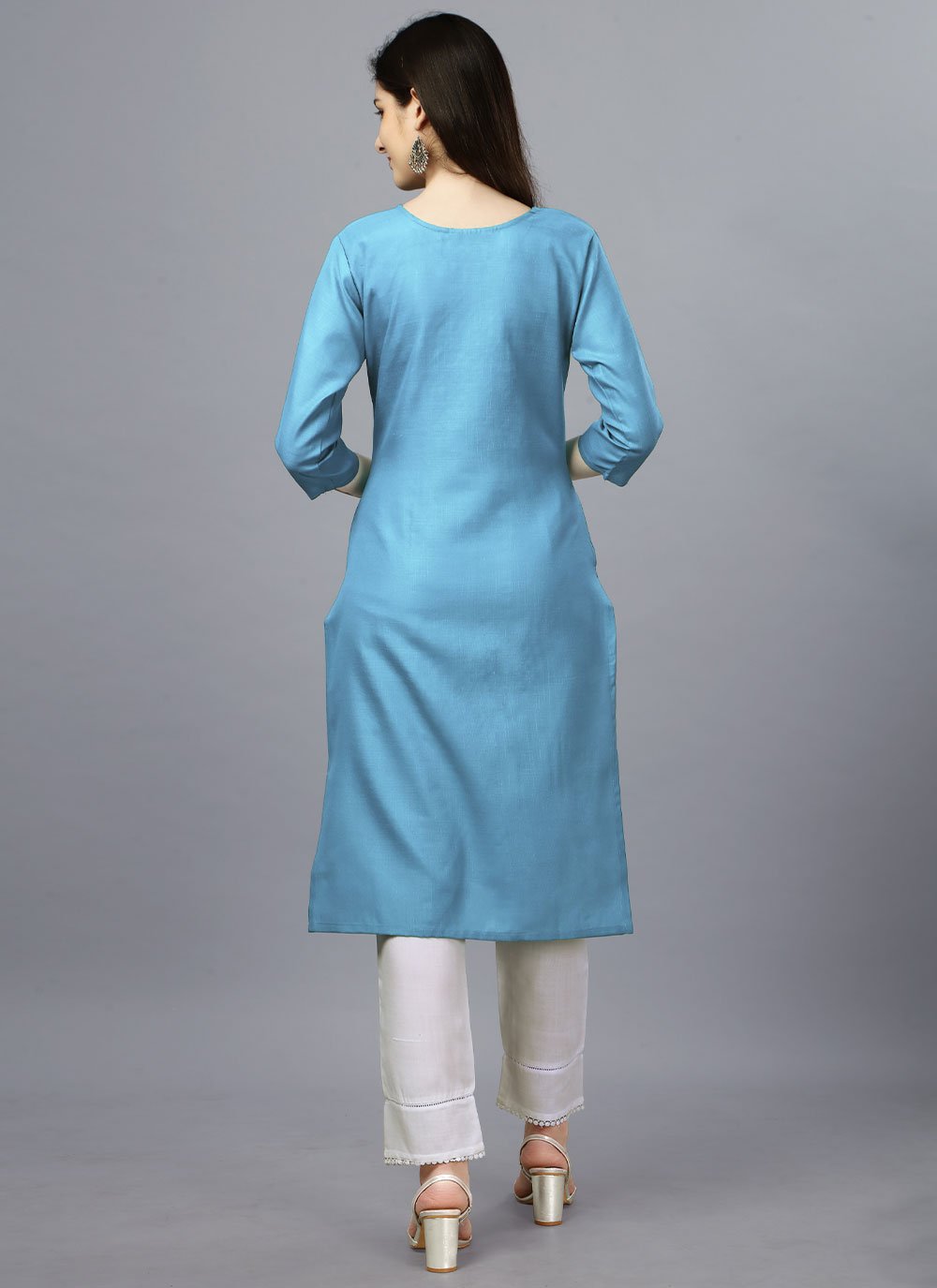 Casual Kurti Cotton Aqua Blue Embroidered Kurtis