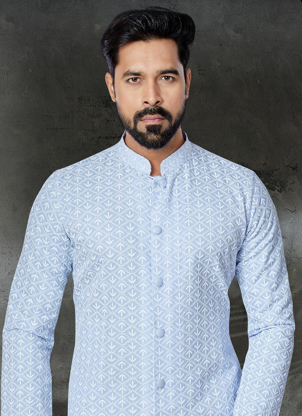 Kurta Pyjama Cotton Aqua Blue Embroidered Mens