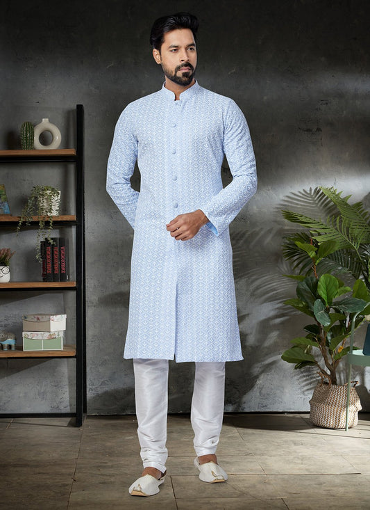 Kurta Pyjama Cotton Aqua Blue Embroidered Mens