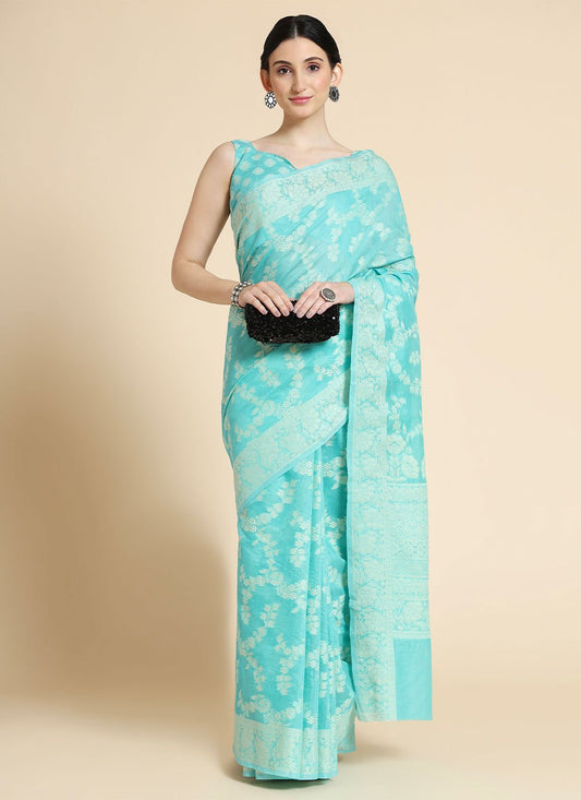 Contemporary Cotton Lucknowi Aqua Blue Chikankari Work Saree