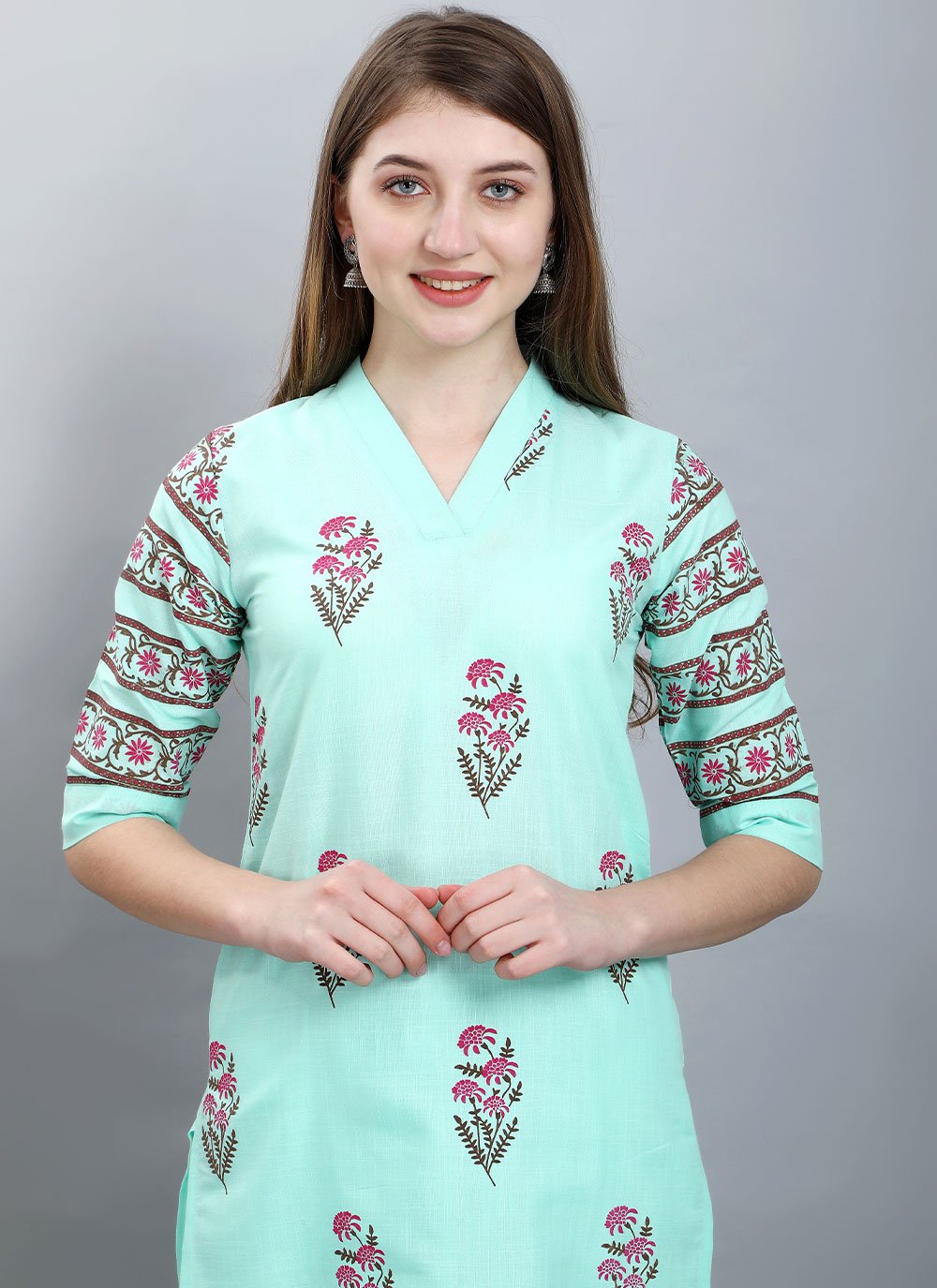 Designer Kurti Cotton Aqua Blue Booti Kurtis