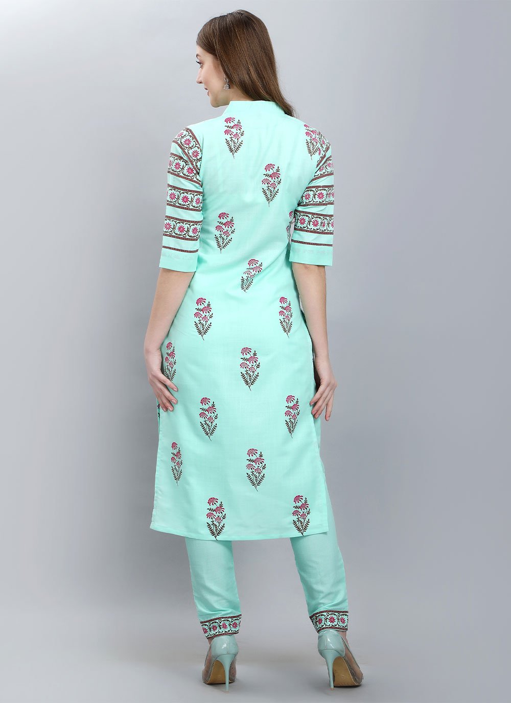 Designer Kurti Cotton Aqua Blue Booti Kurtis