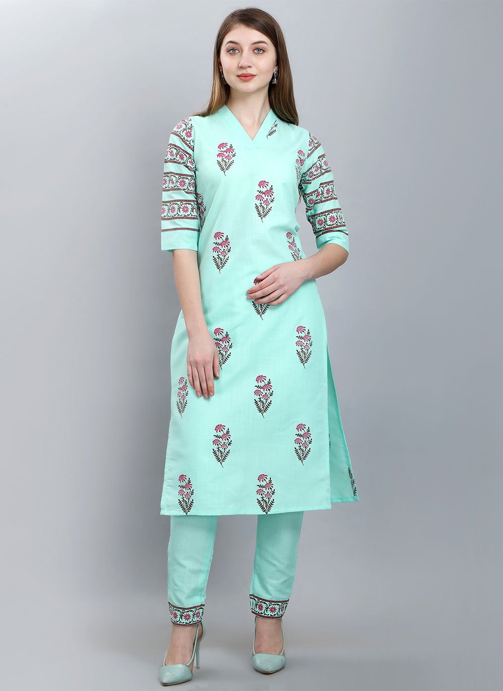 Designer Kurti Cotton Aqua Blue Booti Kurtis