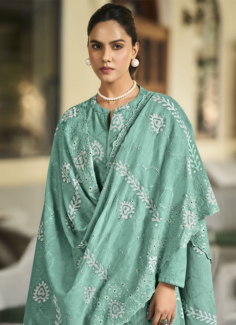 Salwar Suit Cotton Aqua Blue Embroidered Salwar Kameez