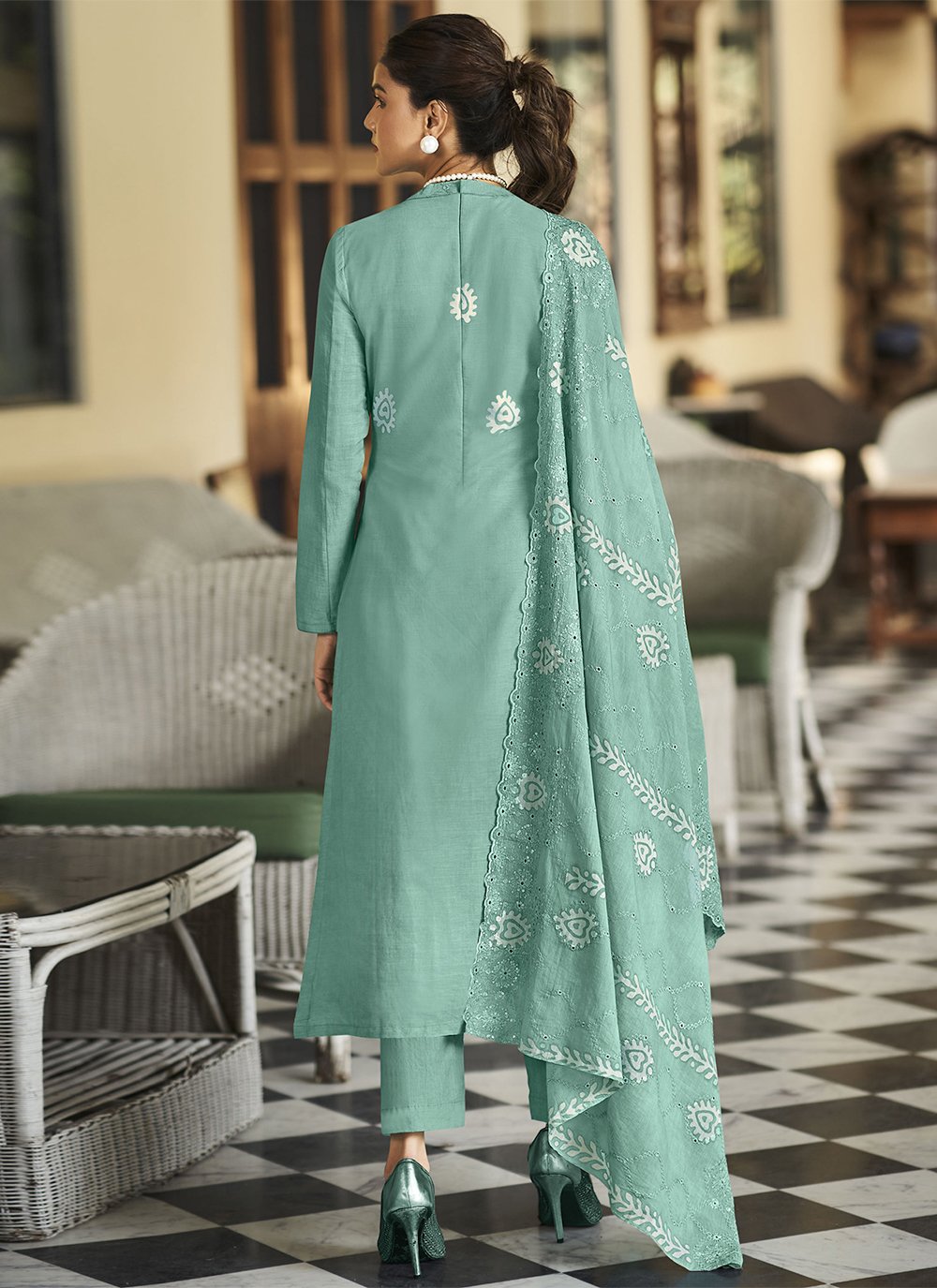 Salwar Suit Cotton Aqua Blue Embroidered Salwar Kameez