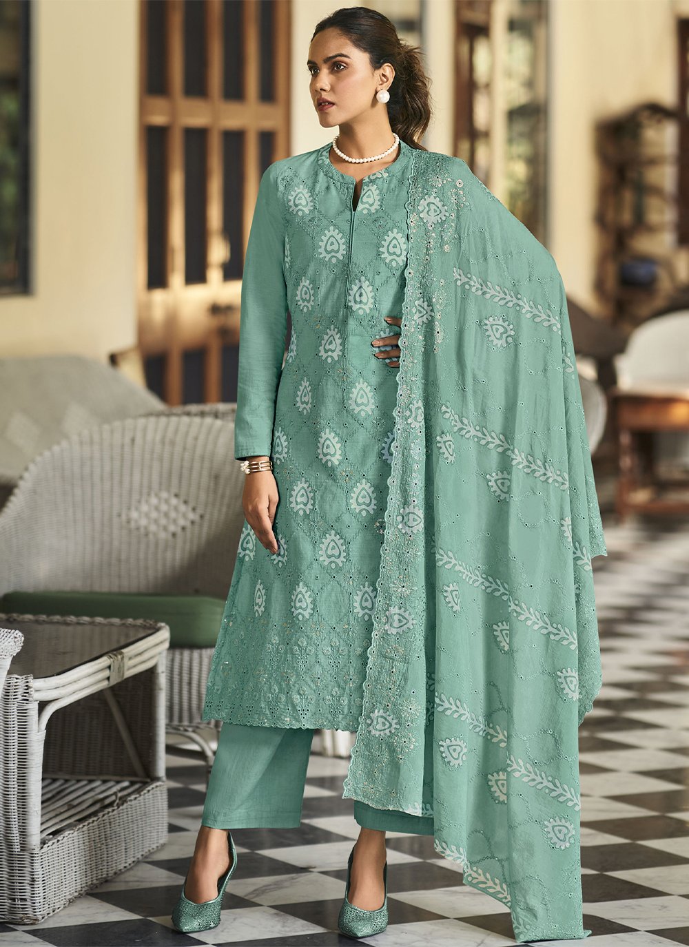 Salwar Suit Cotton Aqua Blue Embroidered Salwar Kameez