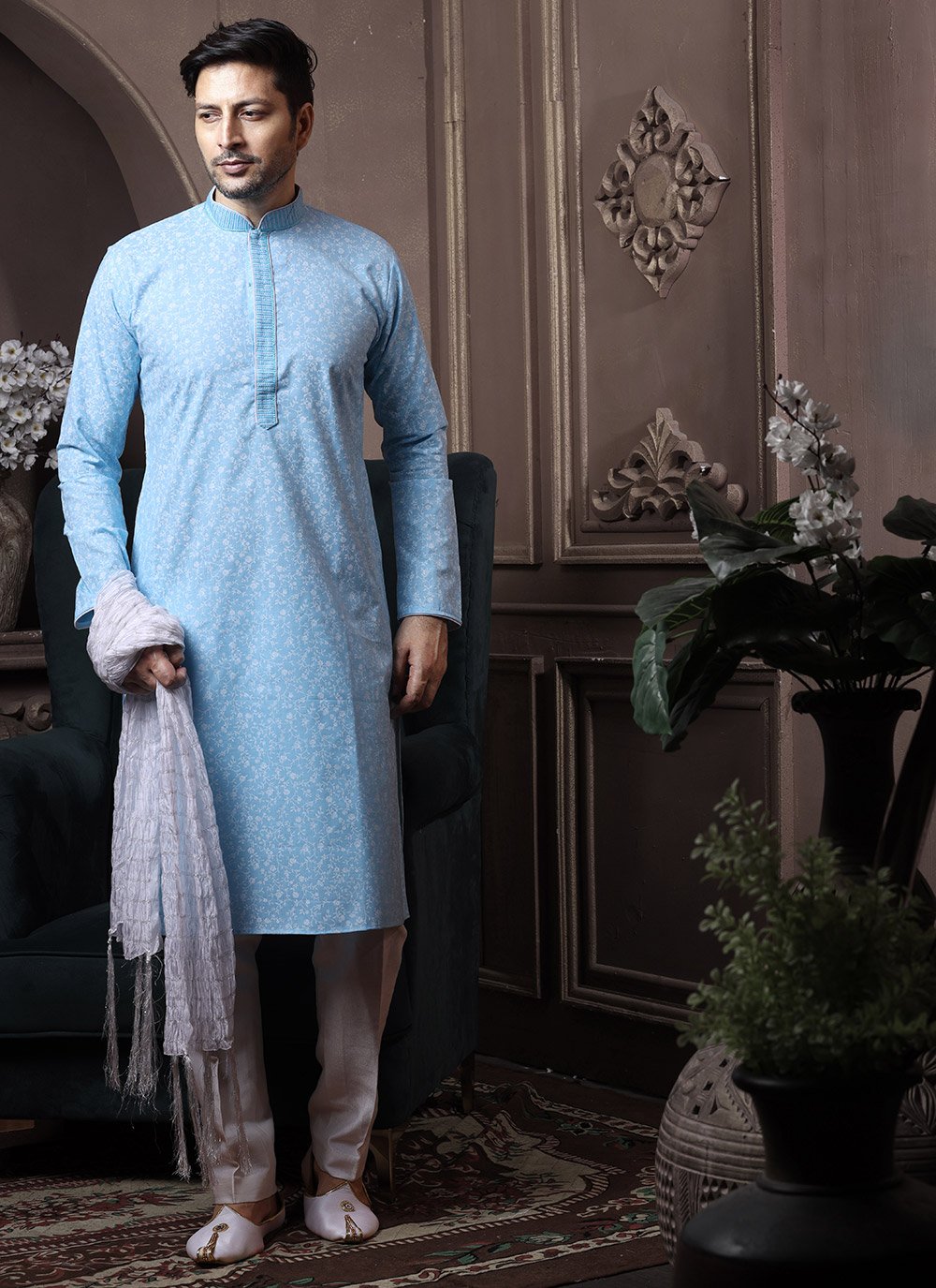 Kurta Pyjama Cotton Aqua Blue Print Mens