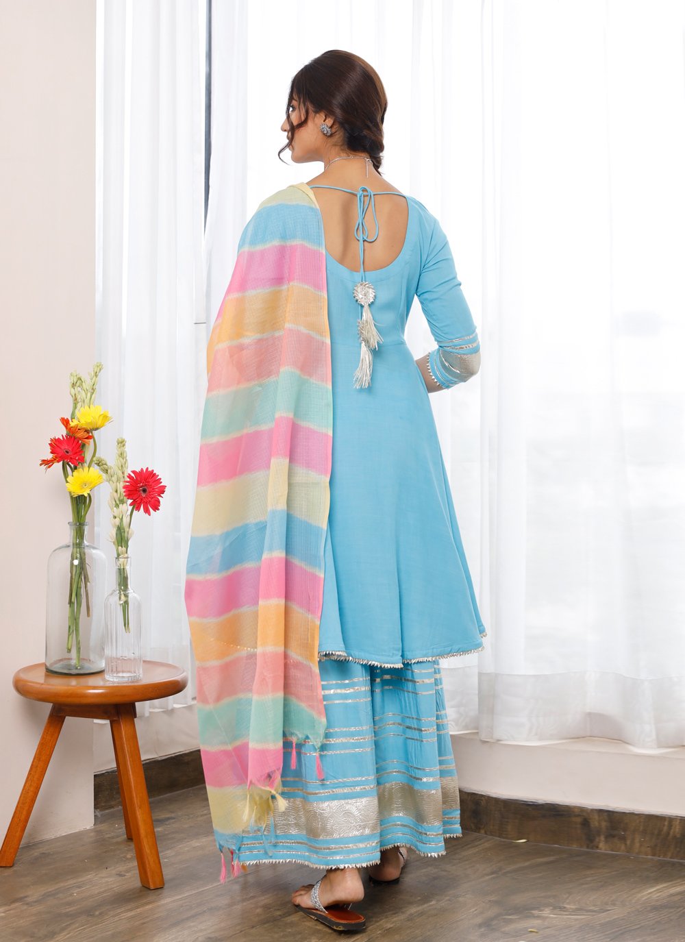 Palazzo Salwar Suit Cotton Aqua Blue Lace Salwar Kameez