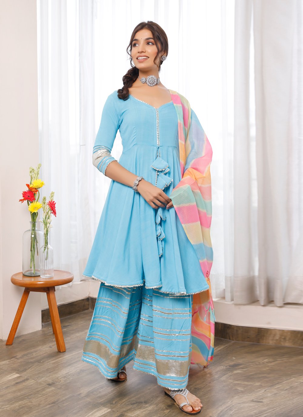 Palazzo Salwar Suit Cotton Aqua Blue Lace Salwar Kameez