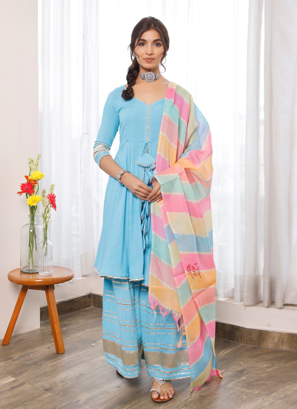 Palazzo Salwar Suit Cotton Aqua Blue Lace Salwar Kameez