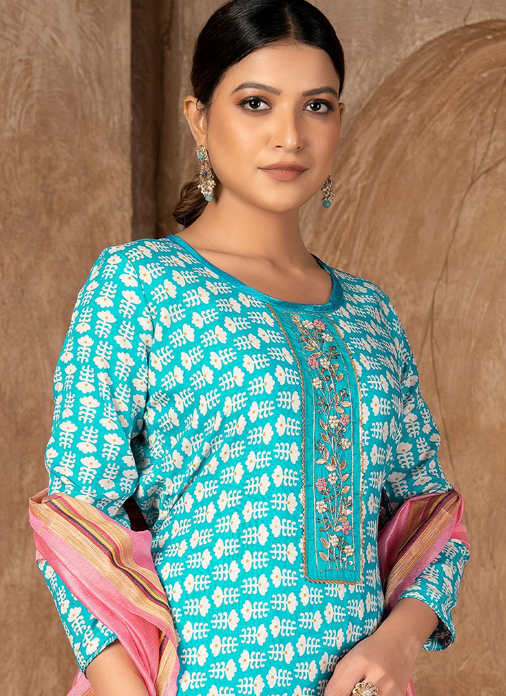 Straight Salwar Suit Cotton Aqua Blue Print Salwar Kameez