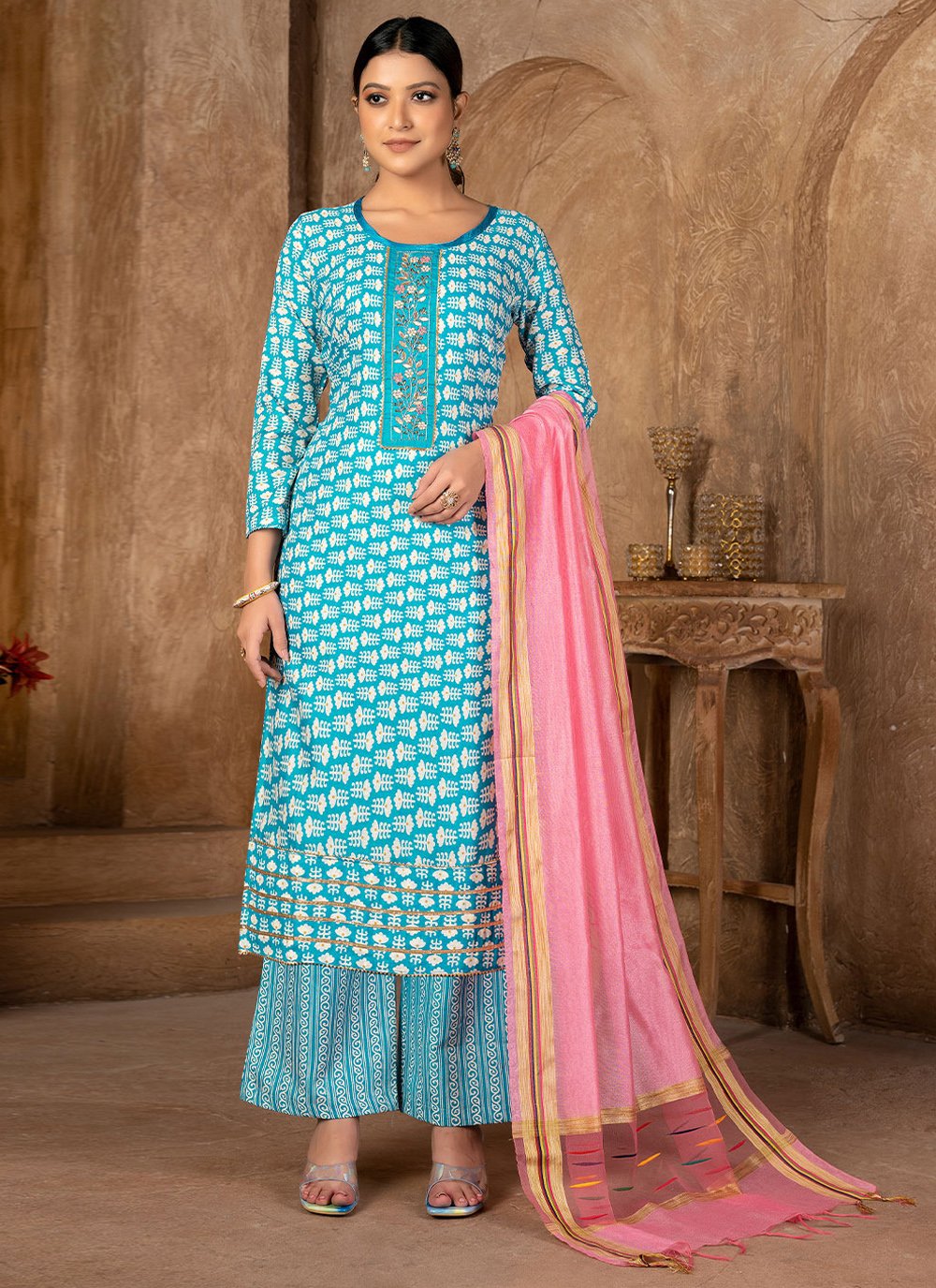 Straight Salwar Suit Cotton Aqua Blue Print Salwar Kameez