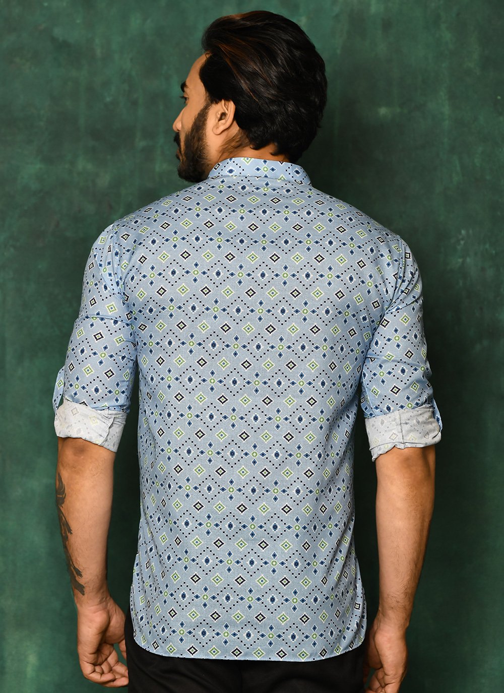 Short Kurta Cotton Aqua Blue Print Mens