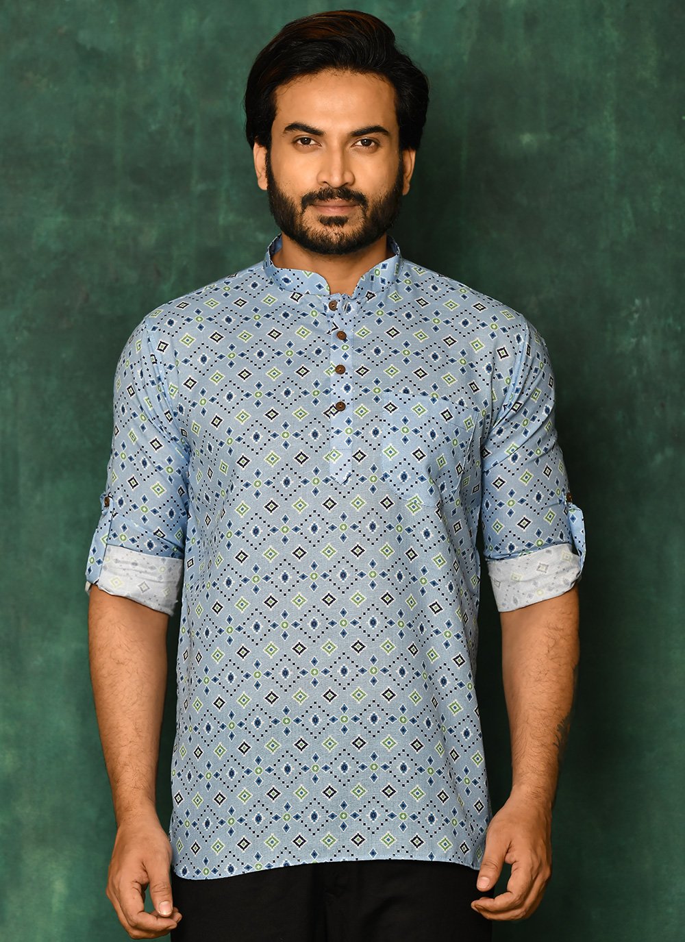 Short Kurta Cotton Aqua Blue Print Mens