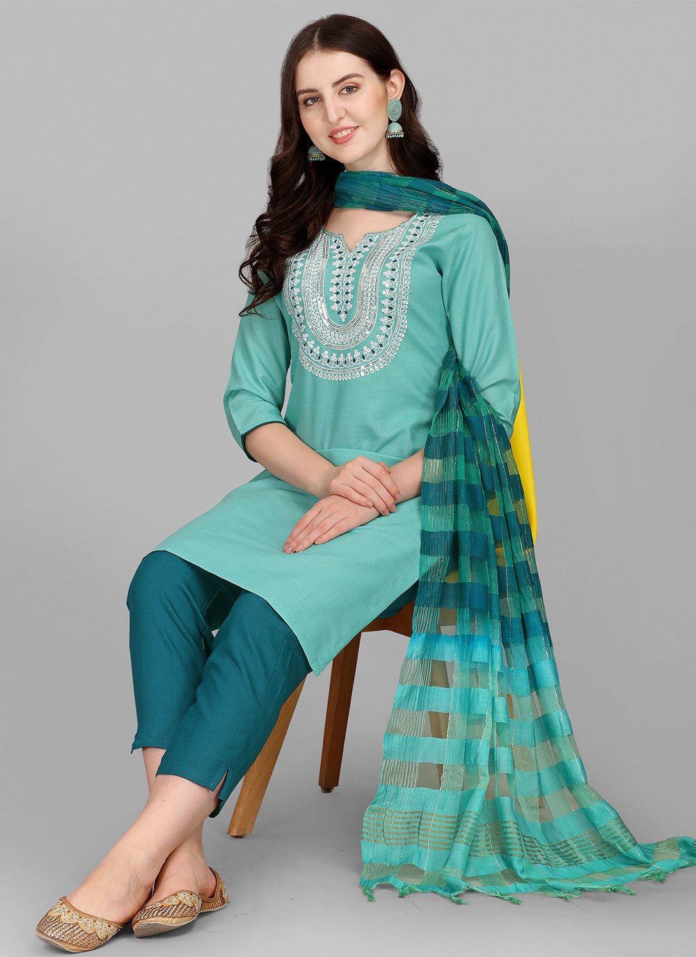 Salwar Suit Cotton Aqua Blue Embroidered Salwar Kameez