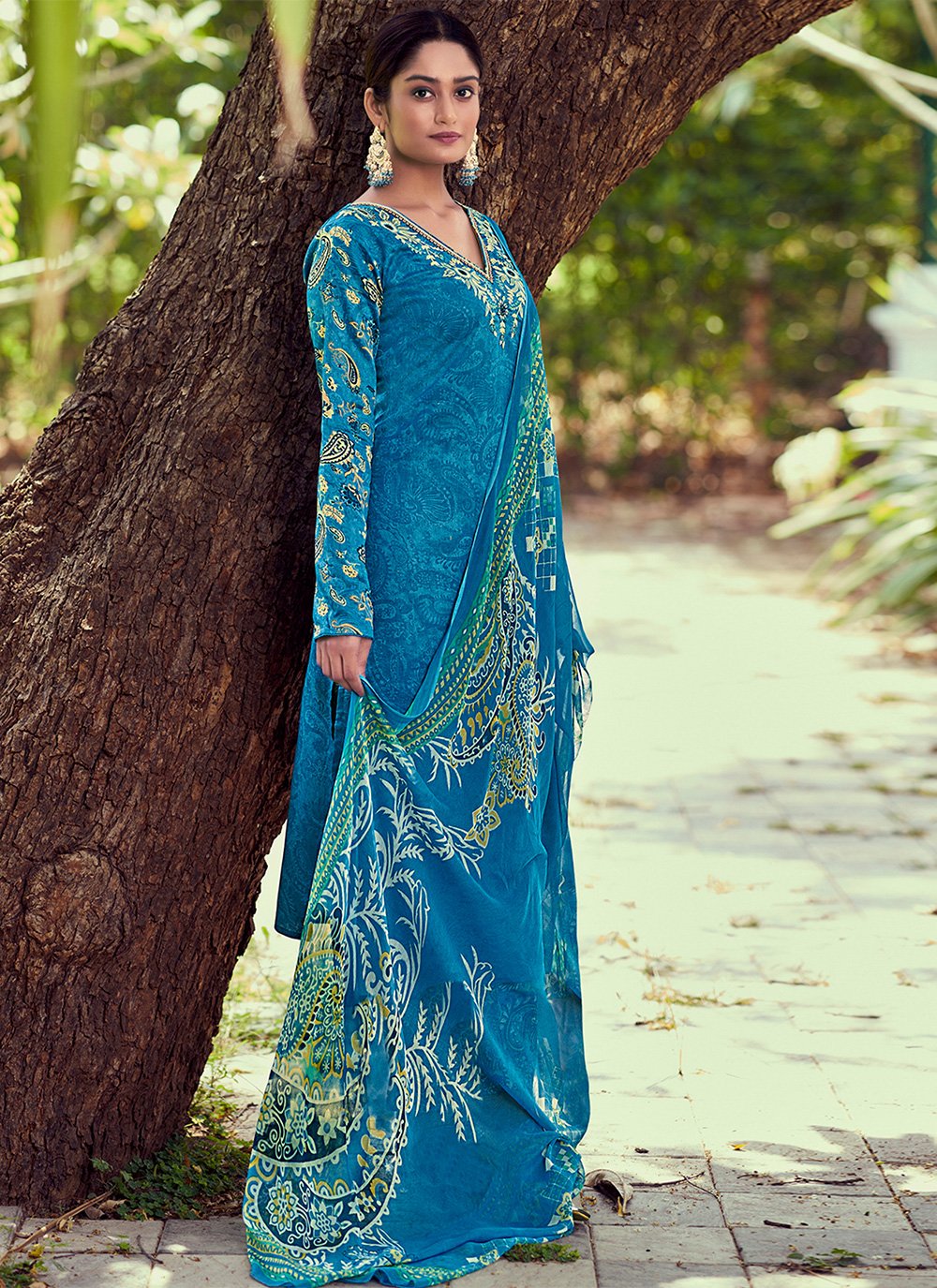 Straight Salwar Suit Cotton Aqua Blue Print Salwar Kameez