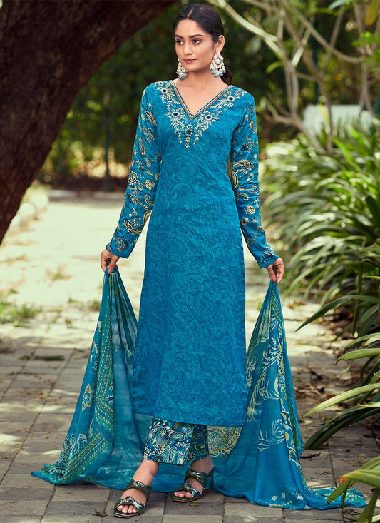 Straight Salwar Suit Cotton Aqua Blue Print Salwar Kameez