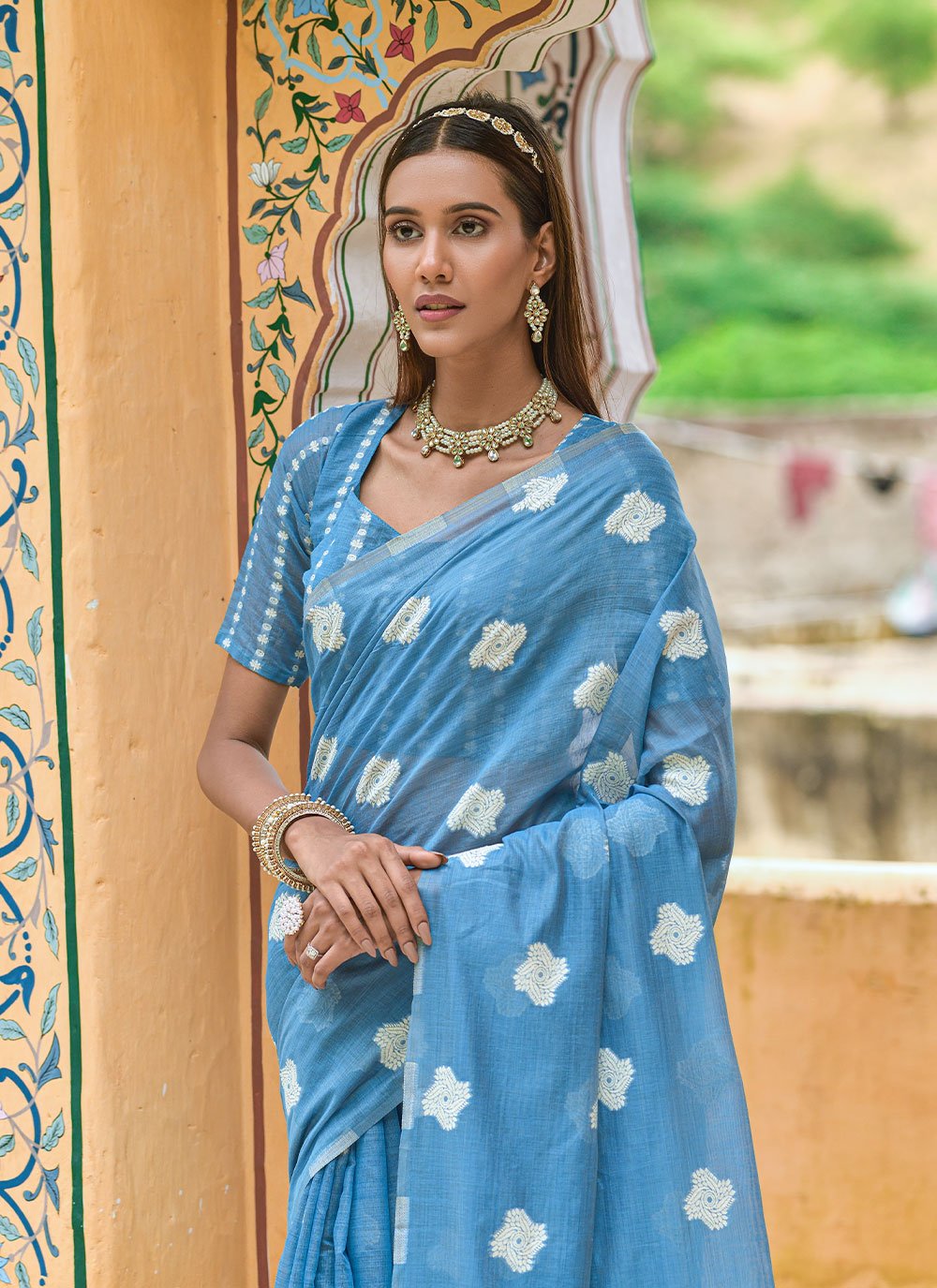 Classic Cotton Lucknowi Aqua Blue Weaving Saree