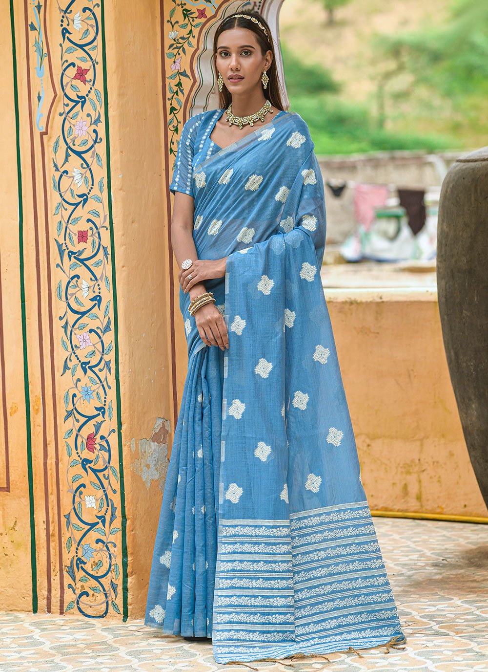 Classic Cotton Lucknowi Aqua Blue Weaving Saree