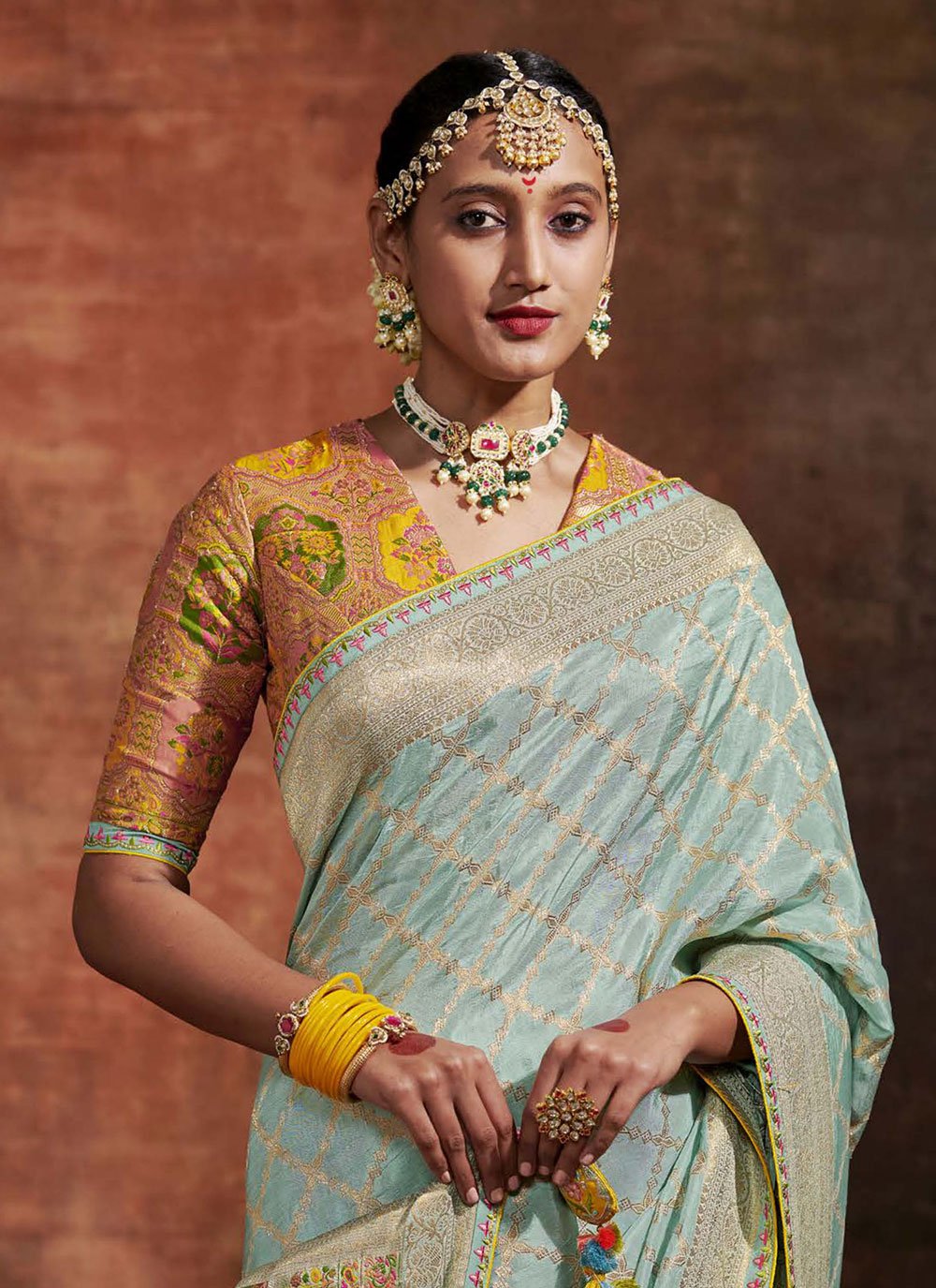 Classic Crepe Silk Pure Dola Aqua Blue Kashmiri Saree