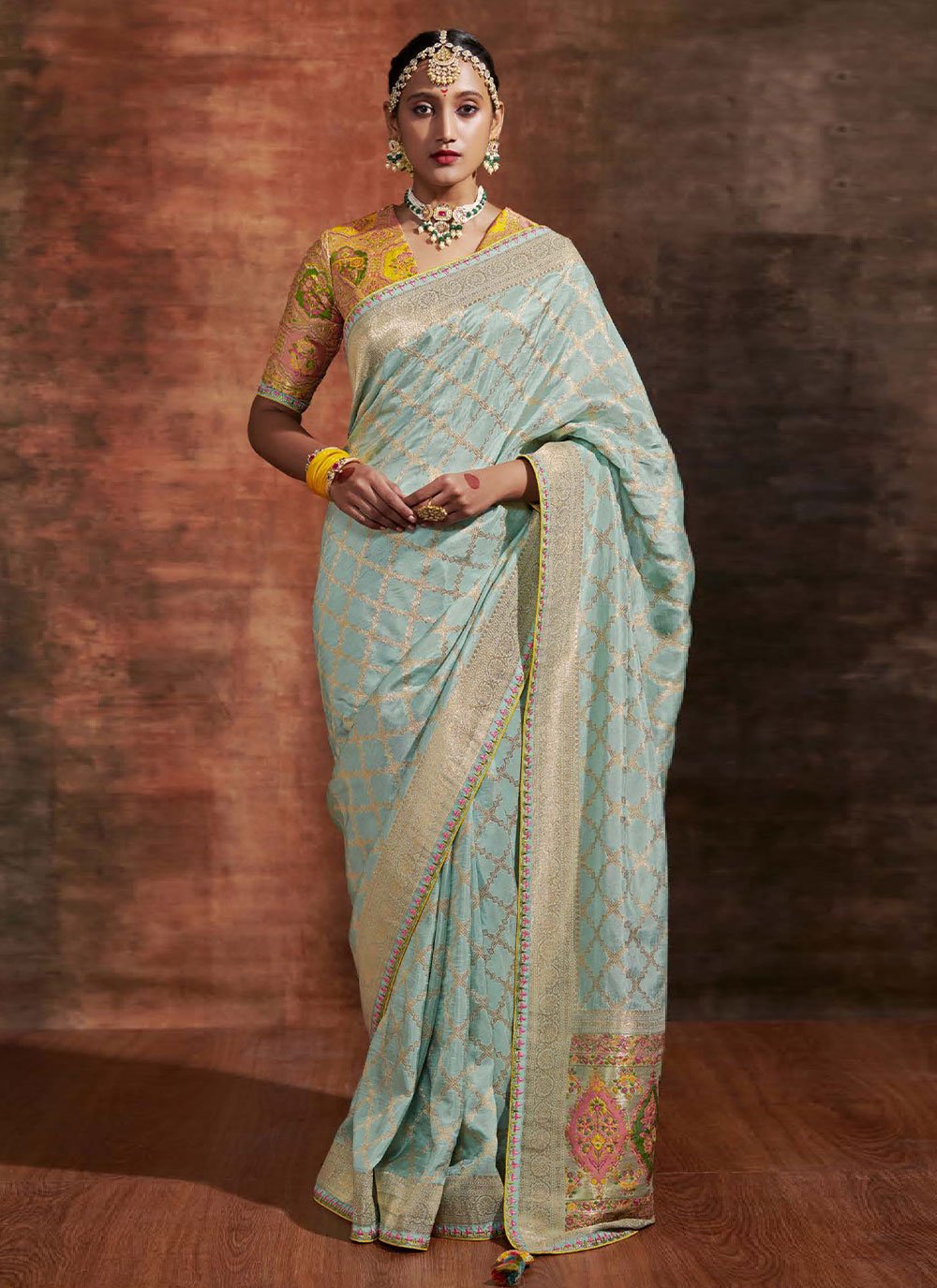 Classic Crepe Silk Pure Dola Aqua Blue Kashmiri Saree