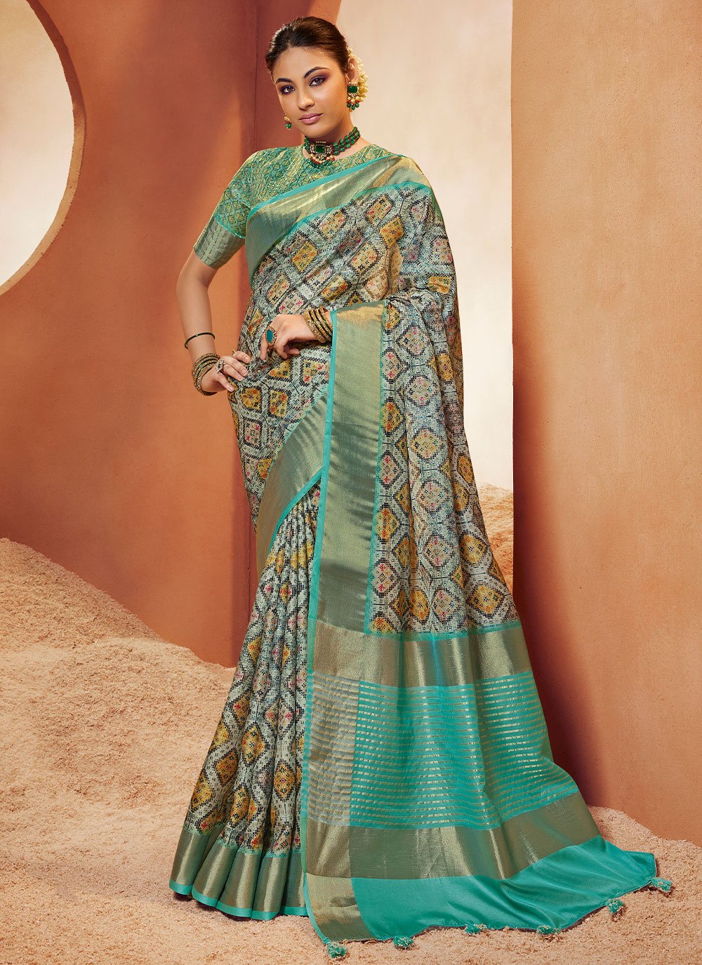 Classic Crepe Silk Aqua Blue Digital Print Saree