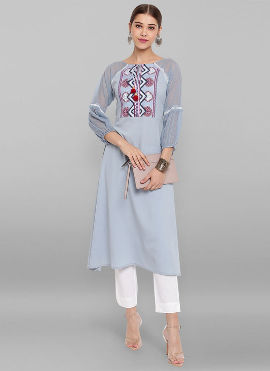 Designer Kurti Faux Crepe Aqua Blue Digital Print Kurtis