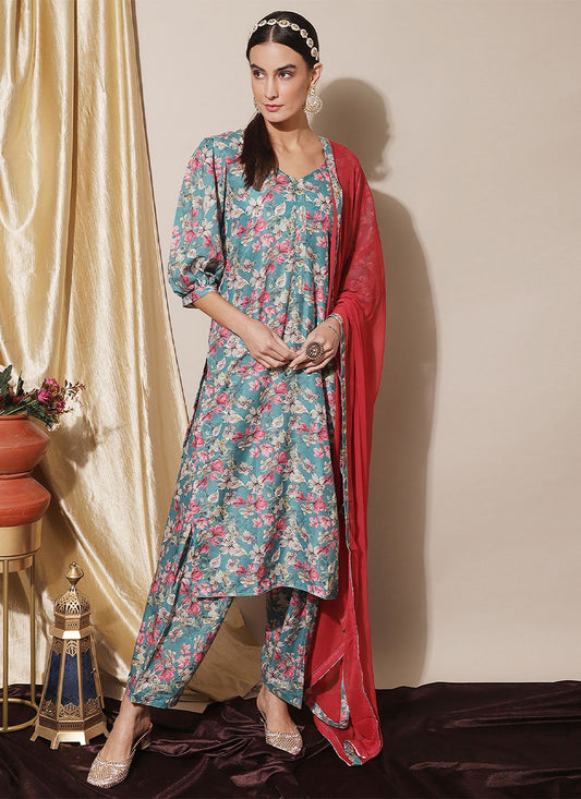 Punjabi Salwar Suit Muslin Aqua Blue Digital Print Salwar Kameez