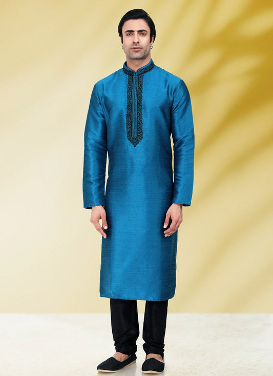 Kurta Pyjama Art Banarasi Silk Aqua Blue Embroidered Mens
